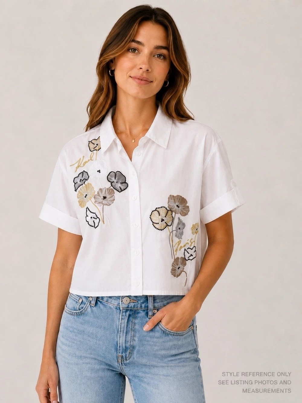 Karl Lagerfeld White Cropped Button-Down Camp Shirt with Floral Embroidery